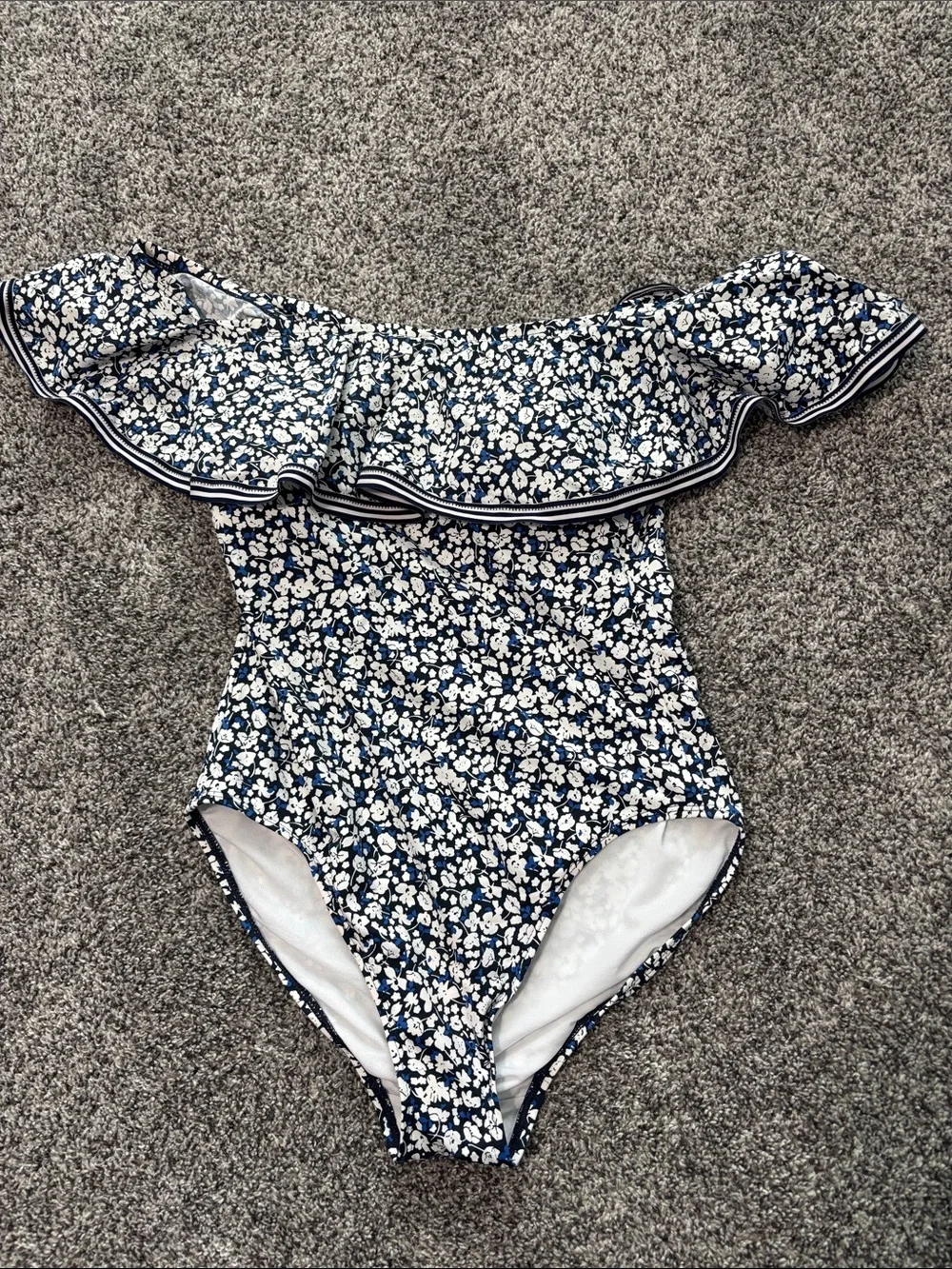 EUC Ralph Lauren Blue Floral Print Off the Shoulder Swimsuit Size 8